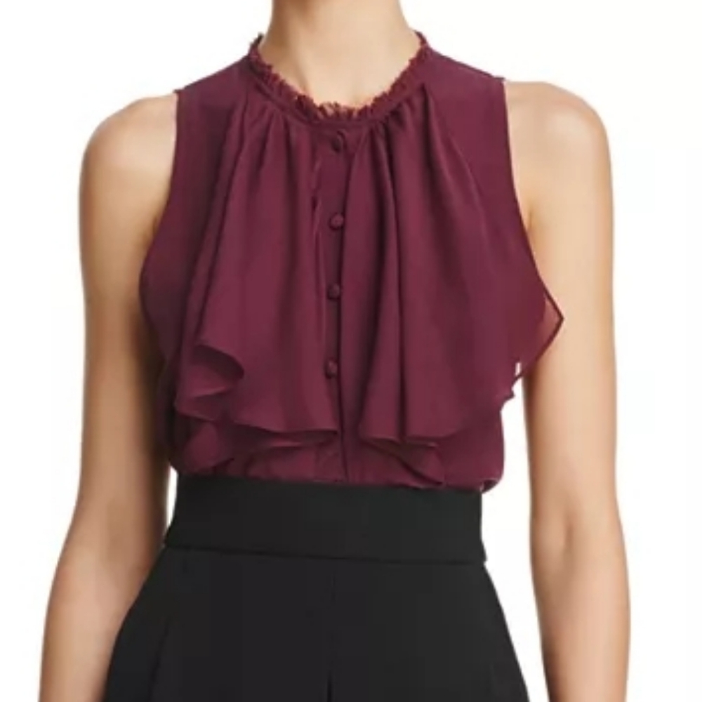 Alice + Olivia 100% Silk Elisa Bitten Berry High-Neck Ruffle Blouse